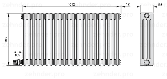 Схема (чертеж) Радиатор Zehnder Charleston 4100/22 №V004 Белый глянцевый RAL 9016